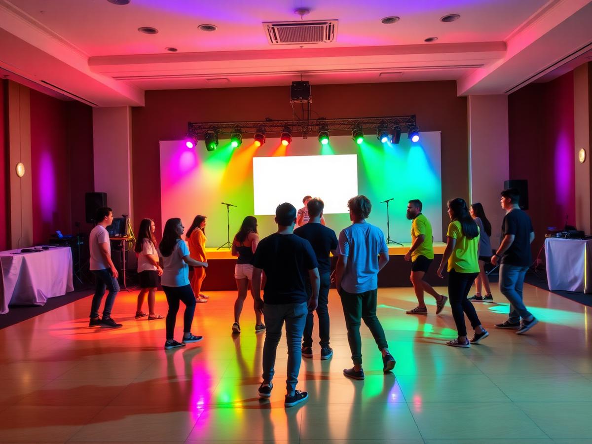 Salón con luces y pista para una fiesta de egresados en Núñez