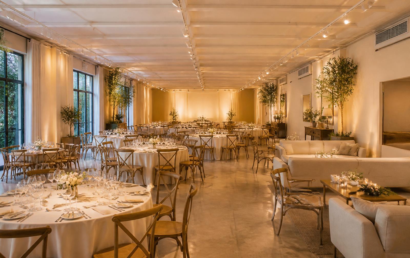 Salón armado con mesas y livings
